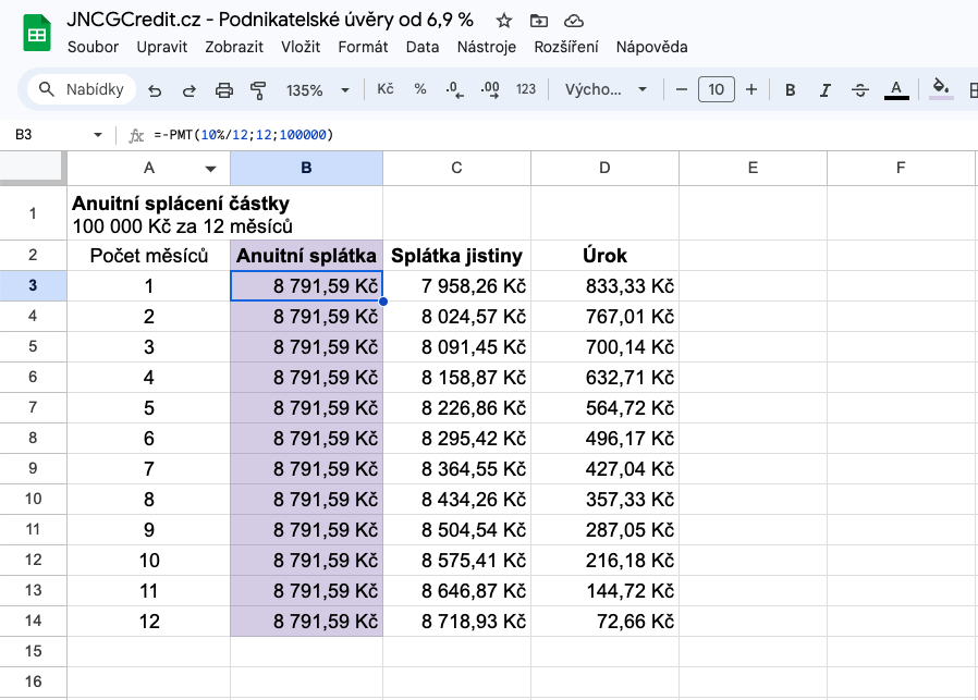 Výpočet anuitní splátky v tabulkovém procesoru.